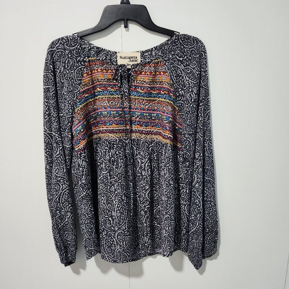 Savanna Jane NEW Black and White Floral Long Sleeve Blouse with Embroidery-Small - Picture 1 of 7